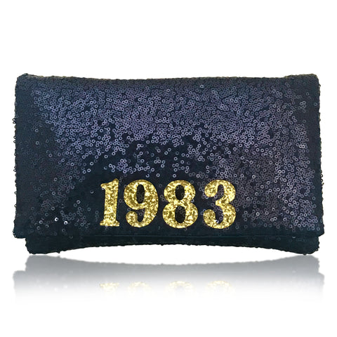Birthday year personalised gift sequin clutch handbag