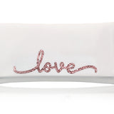 Ivory satin LOVE wedding day bridal clutch handbag flourish font