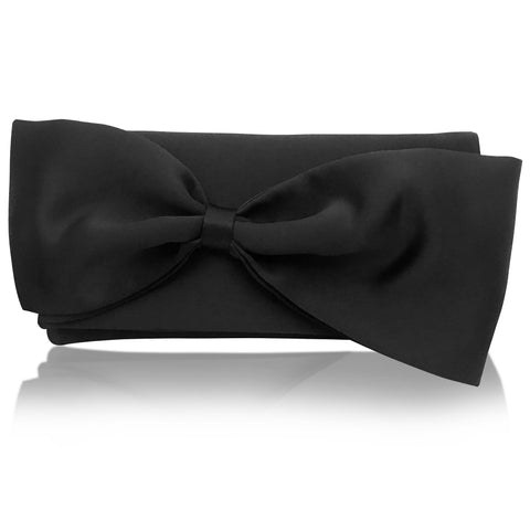 black clutch handbag with satin bow
