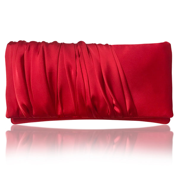 Red ruched satin clutch handbag ELLA