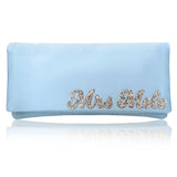 Light blue satin MRS surname wedding day bridal clutch handbag