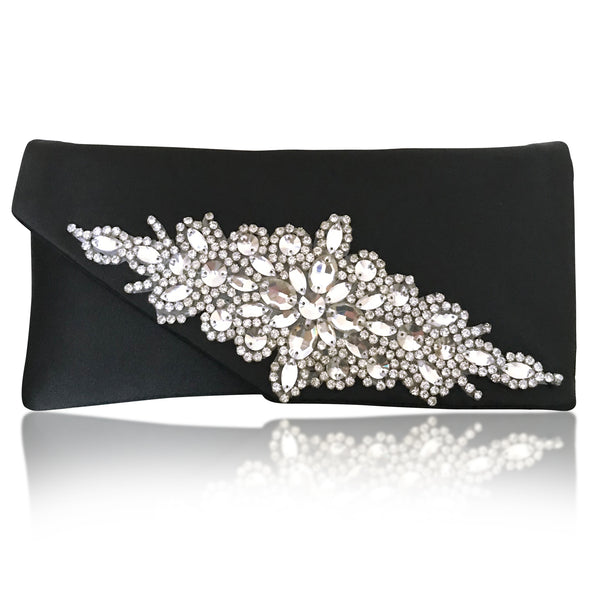black satin clutch handbag with rhinestones