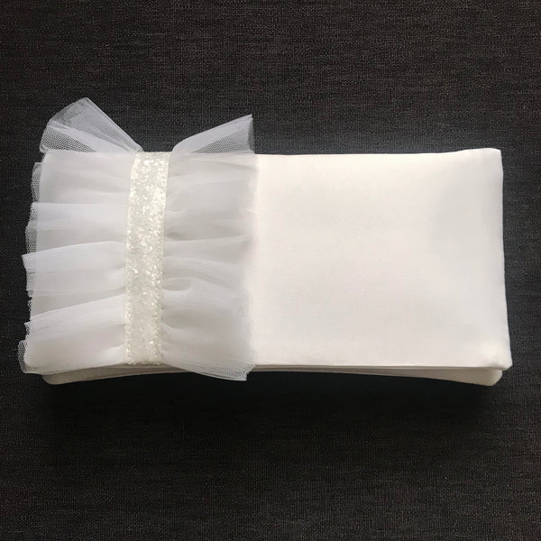 ivory satin and tulle ruffle bridal clutch