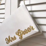 Ivory satin MRS surname wedding day bridal clutch handbag