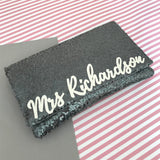 Gunmetal grey sequin personalised MRS surname clutch