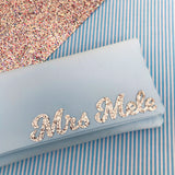 Light blue satin MRS surname wedding day bridal clutch handbag