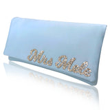 Light blue satin MRS surname wedding day bridal clutch handbag