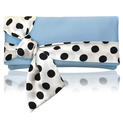 Light blue polka dot satin clutch handbag PIPER