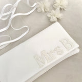 Ivory satin MRS personalised serif initial wedding day bridal clutch handbag