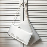 Ivory satin MRS surname wedding day bridal clutch handbag