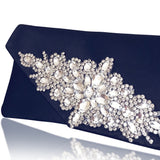 navy satin evening bag with diamante