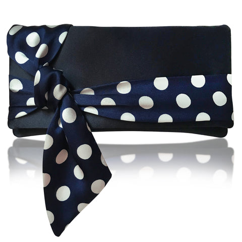 Navy and white polka dot satin clutch handbag PIPER