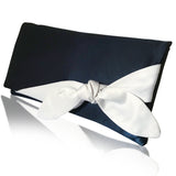 Navy and ivory satin knotted bow clutch