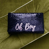 Black or navy SLOGAN sequin clutch handbag