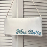 Ivory satin MRS surname wedding day bridal clutch handbag