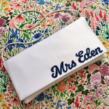 Ivory satin MRS surname wedding day bridal clutch handbag