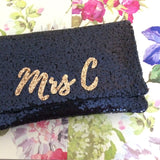 Navy sequin personalised MRS initial clutch