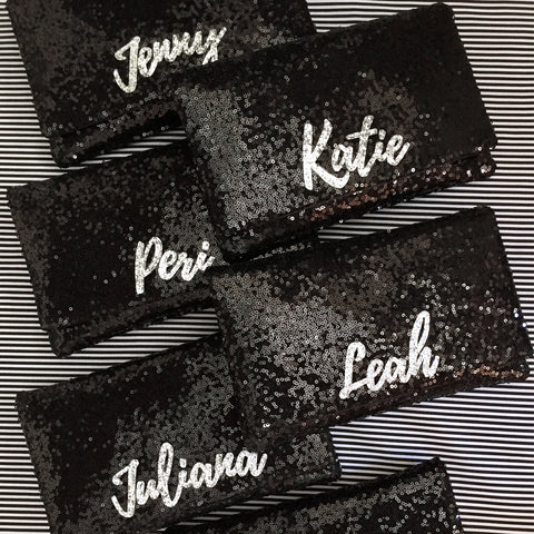 Bridesmaids gifts - set of black or navy sequin personalised name clutches