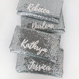 Bridesmaids gifts - set of silver sequin personalised name clutches
