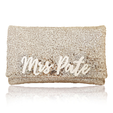 Champagne sequin personalised MRS surname clutch