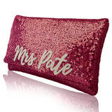 Dark red sequin personalised MRS surname clutch