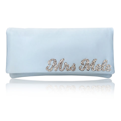 Light blue satin MRS surname wedding day bridal clutch handbag
