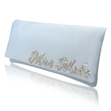 Light blue satin MRS surname wedding day bridal clutch handbag