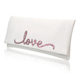 Ivory satin LOVE wedding day bridal clutch handbag flourish font