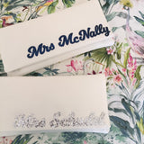Ivory satin MRS surname wedding day bridal clutch handbag