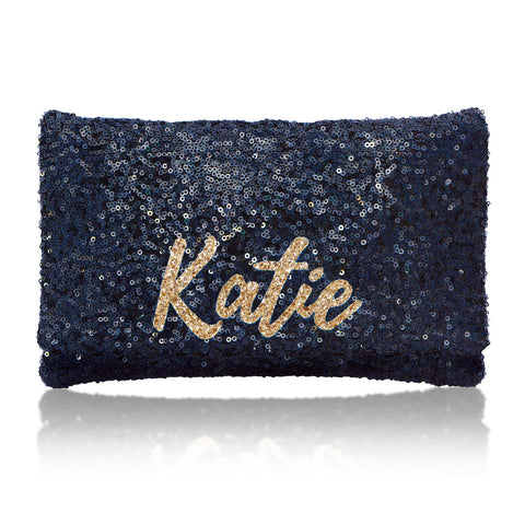 Navy sequin personalised name clutch