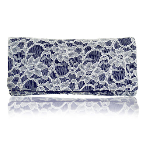 navy and ivory lace clutch handbag