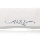 Ivory satin MRS wedding day bridal clutch handbag flourish font