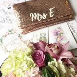 Blush rose gold sequin MRS initial bridal wedding day clutch