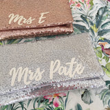 Silver sequin MRS surname bridal wedding day clutch
