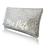 Silver sequin MRS surname bridal wedding day clutch